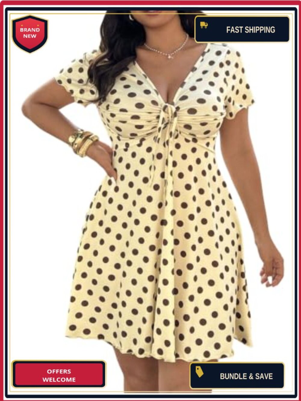 Plus Size Polka Dot A-Line V-Neck Smocked Summer Dress